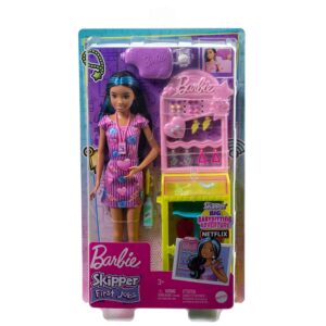 Barbie Toys, Skippe Doll and Ear-Piercer Station with Piercing Tool, 10 Pairs of Earrings and 5+ Additional Accessories, First Jobs