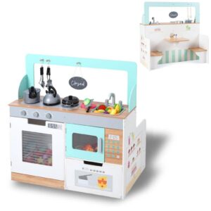 Breatoi 2-in-1 Kids Kitchen Double Sided Cooking Toys Wooden Pretend Play Set Restaurant Playset Gift