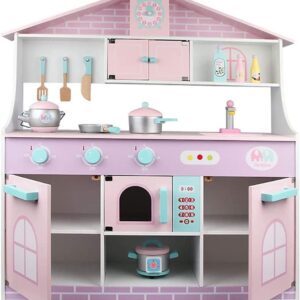 Breatoi Wooden Pretend and Play Vintage Kitchen Toy Set Kids Toddlers, with Cookware Accessories