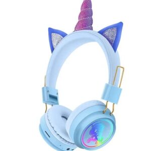 Unicorn Horn & Sequence On-Ear Bluetooth Headphone Earphone Wireless, SD Card Slot for Kids (Blue)