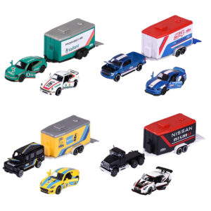 Majorette Race Trailer 1 Pcs Land Rover Nissan Porsche Ford (Random Selection from 4 Assorted) Metal Cars and Trailer for Kids Aged 3+ Years