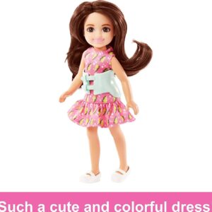 Barbie Toys, Chelsea Doll, 6-Inch Small Doll with Brace for Scoliosis Spine Curvature, Brunette Wearing Pink Lightning Bolt Dress