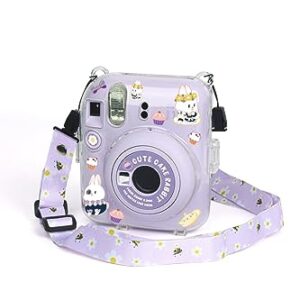 Fujifilm Instax Mini 12 Crystel Clear Camera Case + Adjustable Rainbow Strap and Photo Pocket in Back + Case Decorative Stickers - Lilac purple