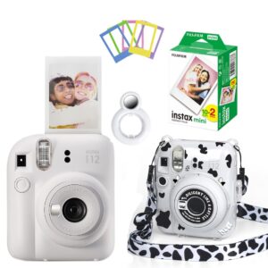 Fujifilm Instax Mini 12 Instant Camera + 20 Shot Films + 1x Crystal Clear Camera Case + 1x Close up Selfie Lens + 5X Plastic Photo Frame (Clay White, Mini 12)