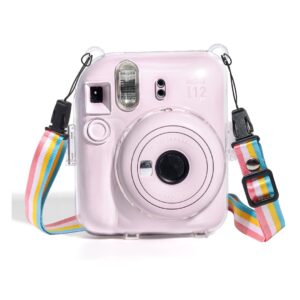 Fujifilm Instax Mini 12 Crystel Clear Camera Case + Adjustable Rainbow Strap and Photo Pocket in Back + Case Decorative Stickers - Blossom Pink