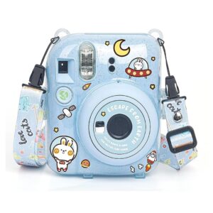 Fujifilm Instax Clear Storage Case for Instax Mini 12 Camera Case Transparent with Shoulder Strap and Camera Sticker with Photo Pocket for Store 10 Photos- Pastel Blue