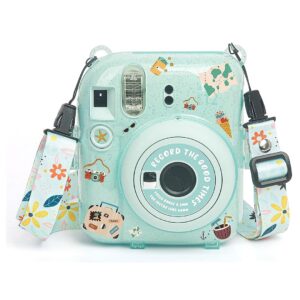 Fujifilm Instax Clear Storage Case for Instax Mini 12 Camera Case Transparent with Shoulder Strap and Camera Sticker with Photo Pocket for Store 10 Photos- Mint Green