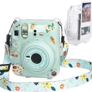 Fujifilm Instax Mini 12 Crystel Clear Camera Case + Adjustable Rainbow Strap and Photo Pocket in Back + Case Decorative Stickers - Mint Green