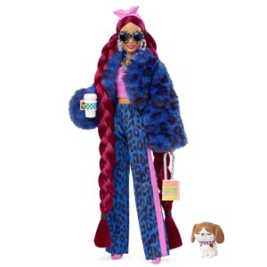 Barbie Doll and Accessories, Extra Fashion Doll with Burgundy Braids and Furry Jacket, Pet Puppy​