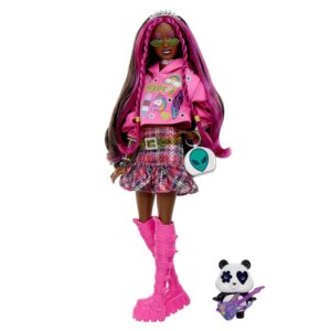 Barbie Doll with Pet Panda, Extra, Kids Toys, Clothes and Accessories, Pink-Streaked Brunette Hair, Graphic Hoodie and Plaid Skirt