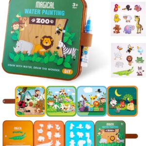 VaayToi Magic Water Colouring Book, 2-in-1 Water Colouring Book with Animal Stickers Reusable Watercolour Picture Books, Magic Water Colouring Book